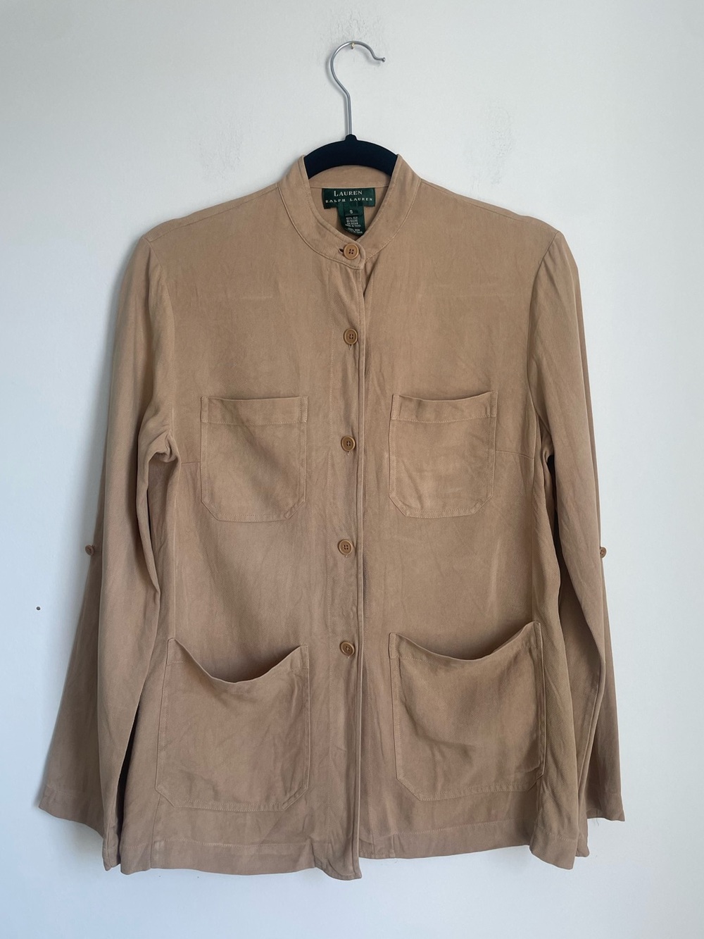 Lauren Ralph Lauren 100% Silk Tan Utility Shirt Pockets Mandarin Collar Size S